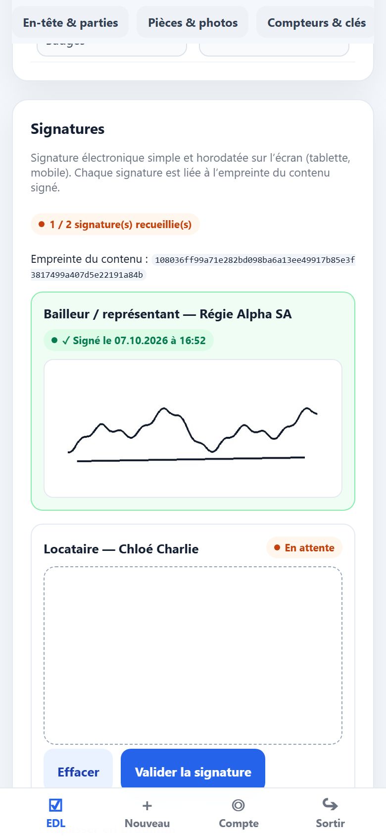 Signature du locataire sur l’écran
